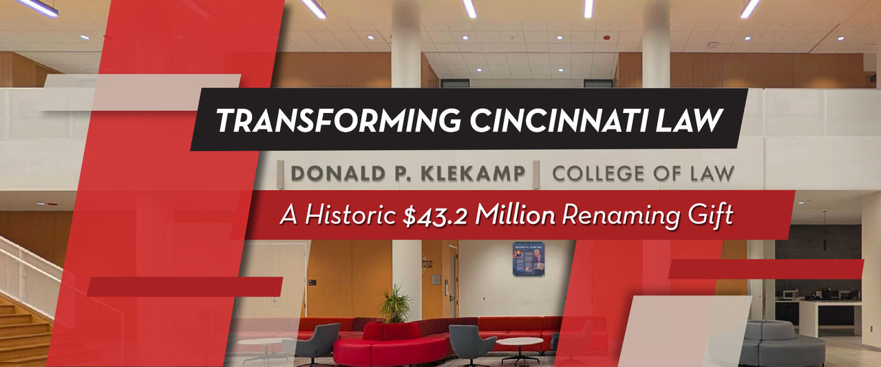 University of Cincinnati College of Law atrium with new name sign
