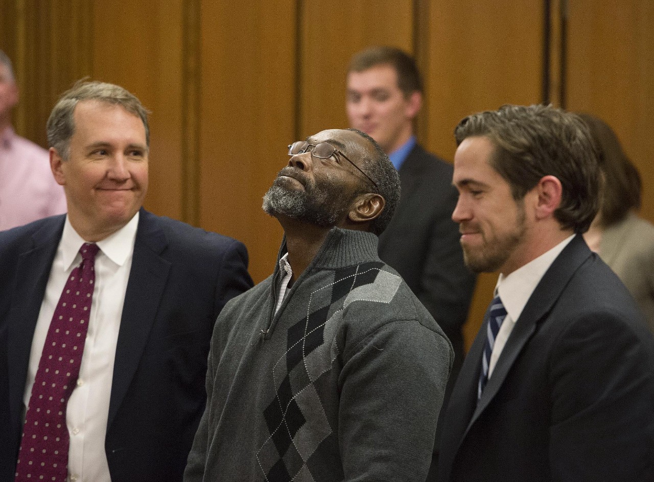Ohio Innocence Project attorneys with client during exoneration.