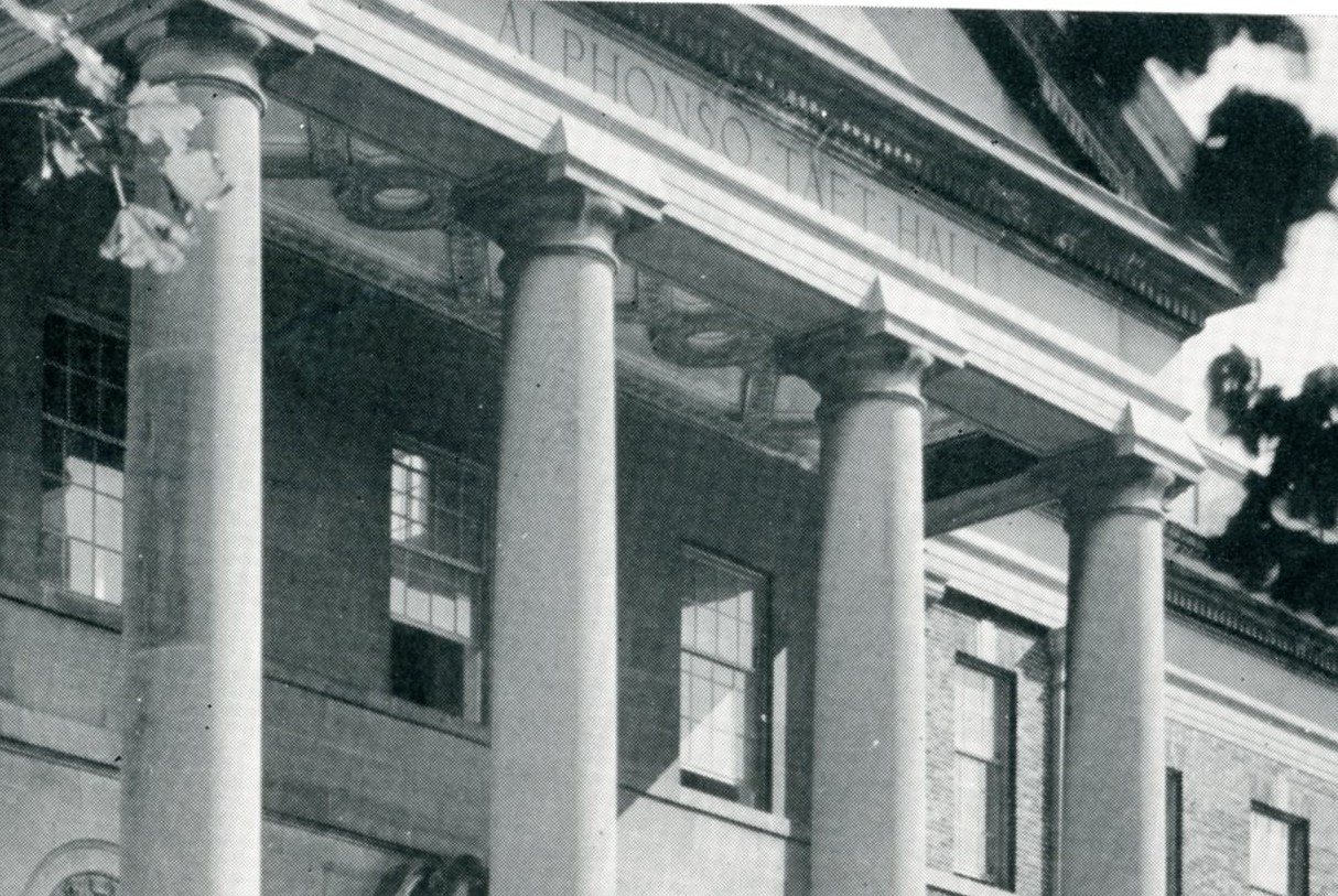 Students congregate outside Alphonso Taft Hall.