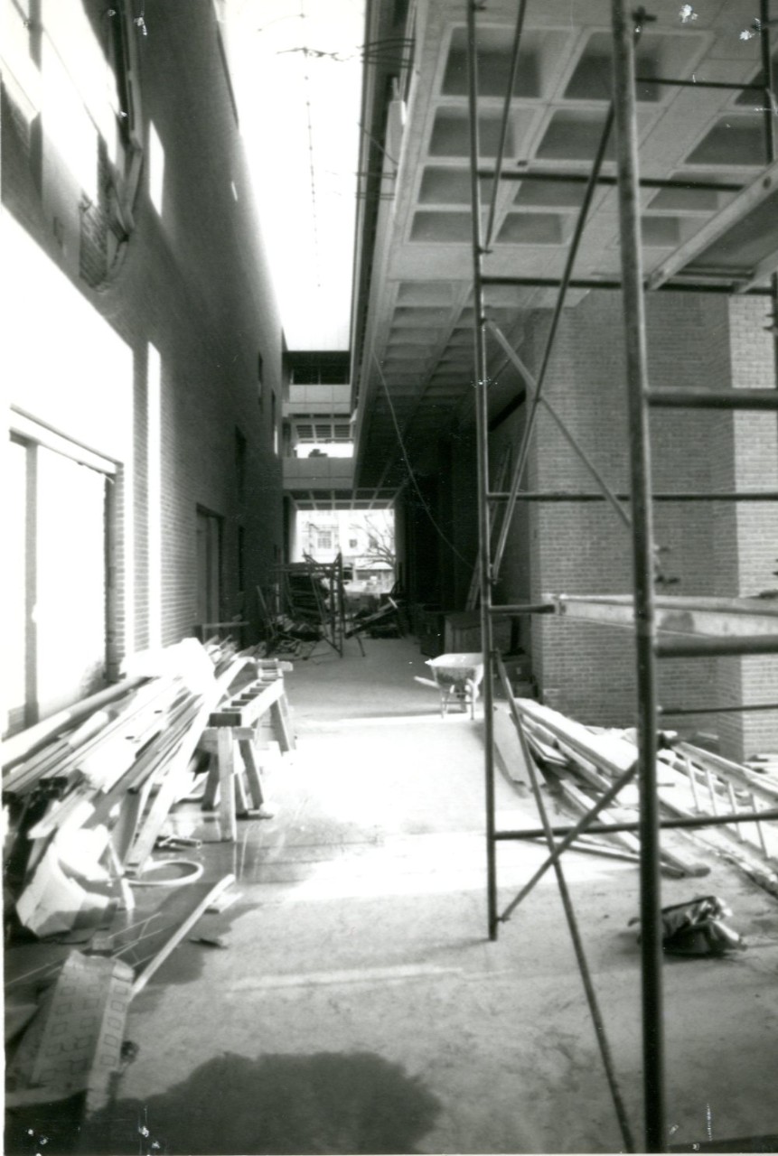 Atrium under construction black and white.