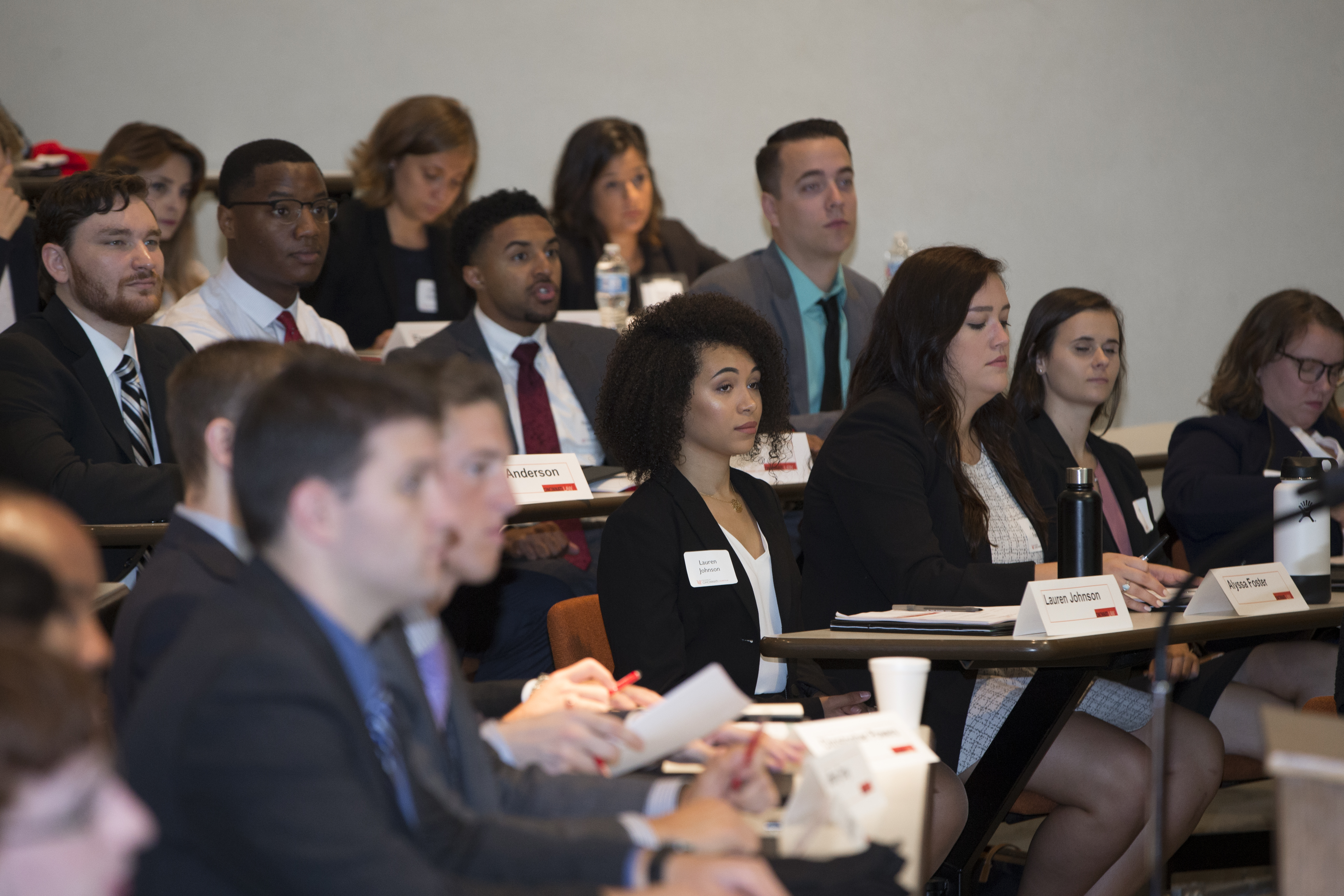 Law students in a classroom during orientation.